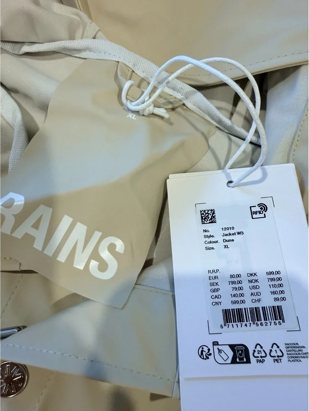 RAINS Jacket W3 Dune  Waterproof Hooded Rain Jacket Unisex Extra Large NWT